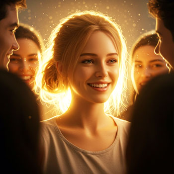 ポジティブ思考の人が太陽のように輝き、周りを明るく照らす人。自己成就予言の効果を表現