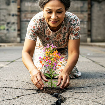 ピンチをチャンスに変える人。逆境を乗り越え、花を咲かせる成長のイメージ