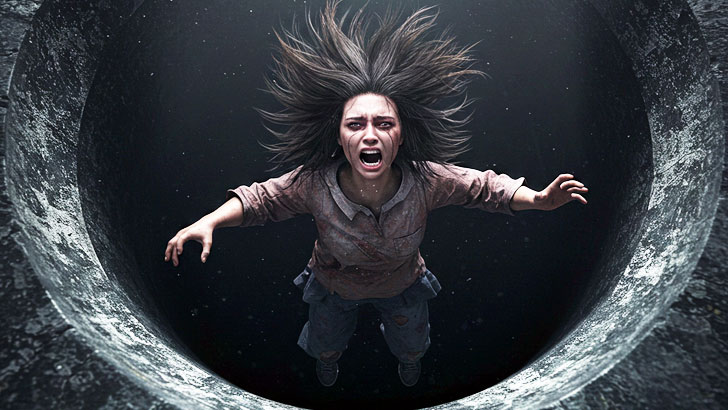 アンラッキーな人が暗い穴に落ちていく人。不運の悪循環を表現